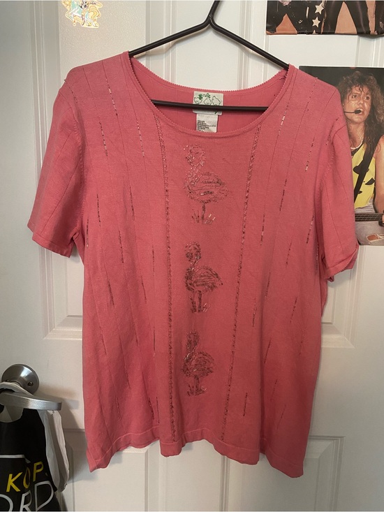 The Quaker Factory Tops - 80s/90s beaded pink flamingo t-shirt